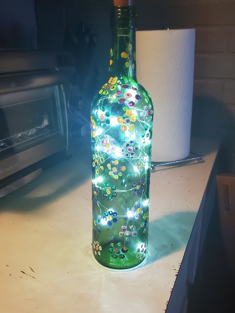 Hand Crafted Green Bottle Lamp with Multicolored Dot Motif